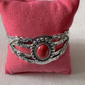 Red Colored Stone Silver Tone Cuff